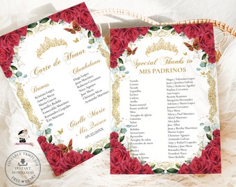 May include: A printable Quinceañera invitation with a gold and white border and red roses. The text reads "Corte de Honor" and "Special Thanks to Mis Padrinos".