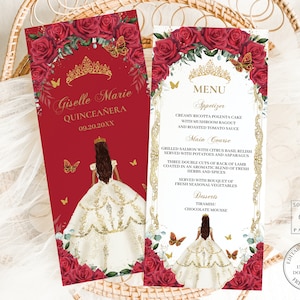 Red Floral Vintage Gold White Dress Princess Quinceañera Menu EDITABLE TEMPLATE Quince 15 XV Sweet 16 Birthday Download Digital File QC13