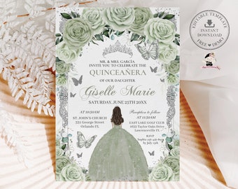 Sage Green Floral Vintage Silver Princess Quinceañera Invitation EDITABLE TEMPLATE Mis Quince 15 Sweet 16 Birthday Download Printable QC12