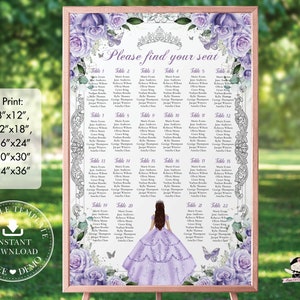 Purple Lavender Roses Floral Silver Quinceañera Seating Chart Sign EDITABLE TEMPLATE Quince 15 Sweet 16 18th Birthday Printable Download QC5