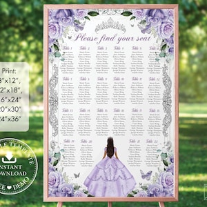 Purple Lavender Roses Floral Silver Quinceañera Seating Chart Sign EDITABLE TEMPLATE Quince 15 Sweet 16 18th Birthday Printable Download QC5