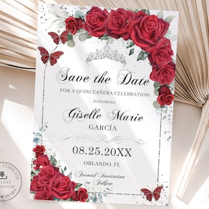 Red Floral Rose Silver Butterflies Quinceañera Save the Date Printable EDITABLE TEMPLATE Mis Quince Sweet 16 Birthday INSTANT Download QC13