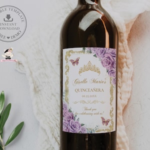 EDITABLE Template Purple Lilac Roses Floral Gold Butterflies Quinceañera Wine Bottle Label Printable Quince Sweet 16 Birthday Printable QC3