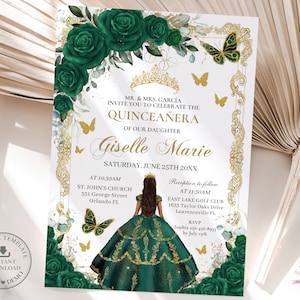 Emerald Green Floral Gold Princess Quinceañera Invitation Printable EDITABLE TEMPLATE Mis Quince 15 Sweet 16 Birthday INSTANT Download QC9