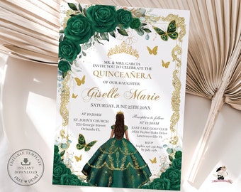 Emerald Green Floral Gold Princess Quinceañera Invitation Printable EDITABLE TEMPLATE Mis Quince 15 Sweet 16 Birthday INSTANT Download QC9