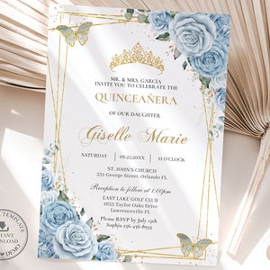 Baby Blue Floral Rose Gold Invito Quinceañera MODELLO MODIFICABILE Mis Quince 15 Anos Dolce 16esimo compleanno Download immediato stampabile QC18