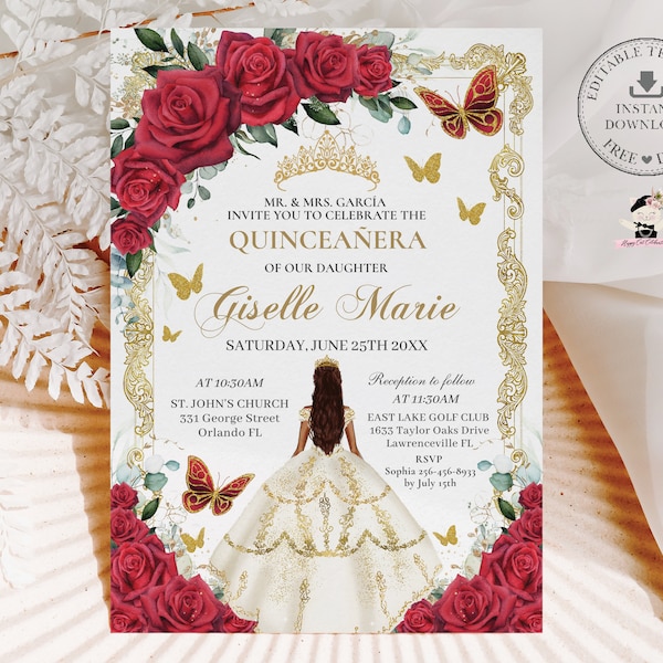 EDITABLE Red Roses Floral White Dress Brown Princess Quinceañera Invitation Mis Quince 15 XV Sweet 16 Birthday Download Digital File QC13