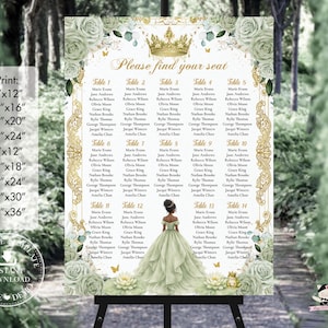 May include: A wedding seating chart with a princess theme. The chart features a crown, floral accents, and a bride illustration. The text "Please find your seat" is at the top. Available in various print sizes, from 9"x12" to 24"x36".