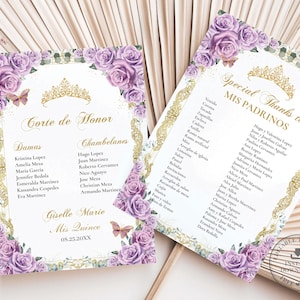 EDITABLE Purple Lilac Roses Floral Vintage Gold Butterflies Quinceañera Padrinos List Corte de Honor Dama Quince 15 XV Birthday Download QC3