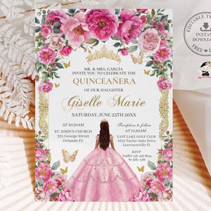 Pink Fuchsia Floral Gold Butterflies Princess Quinceañera Invitation EDITABLE TEMPLATE Quince 15 XV Sweet 16 Birthday Download Digital QC34