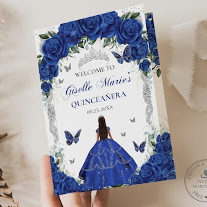 EDITABLE Royal Blue Floral Princess Gown Silver Quinceañera Bi-Fold Program Printable Quince XV Padrinos Damas Order of Events Download QC16