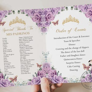 May include: A purple and gold Quinceañera celebration program with a floral design. The program lists the order of events, including the introduction of the court, speeches, dinner, and dancing. It also includes a list of special thanks to the godparents.