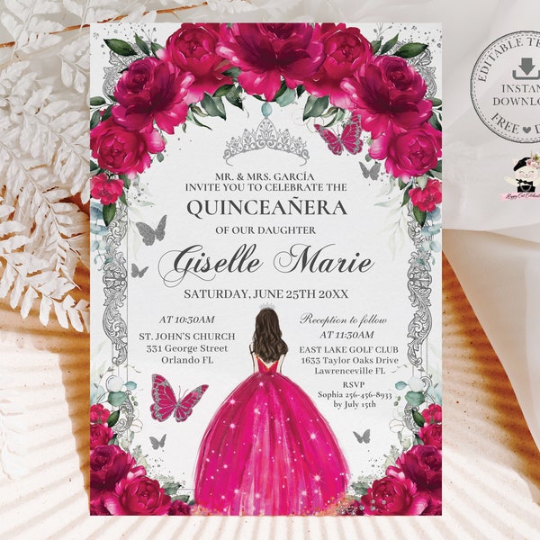 Fuchsia Pink Floral Silver Butterflies Princess Gown Quinceañera Invitation EDITABLE TEMPLATE Quince 15 XV Sweet 16th Birthday Printable QC7