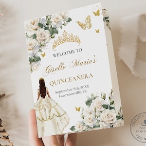 May include: A white and gold Quinceañera invitation with a floral design and a silhouette of a young woman in a white dress. The text reads "Welcome to Giselle Marie's Quinceañera" and "September 8th, 20XX Lawrenceville, FL".
