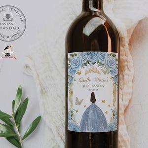EDITABLE Template Baby Blue Floral Gold Princess Dress Quinceañera Wine Bottle Label Printable Quince XV Sweet 16 Birthday Printable QC18