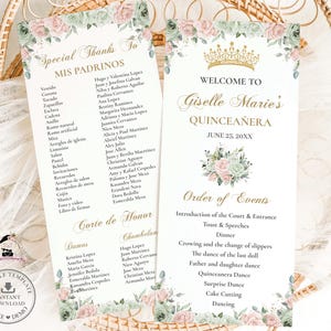 May include: Two white event cards with floral accents. One card lists "Special Thanks To" and "Mis Padrinos." The other says "Welcome to Giselle Marie's Quinceañera." Both cards have a floral border with pink and green roses.