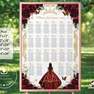 Burgundy Roses Floral Princess Gold Quinceañera Seating Chart Sign EDITABLE TEMPLATE Quince 15 XV Sweet 16 Birthday Printable Download QC30