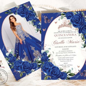 Royal Blue Floral Rose Gold Butterflies Quinceañera Photo Invitation EDITABLE TEMPLATE Quince 15 XV Sweet 16 Birthday Download Digital QC16