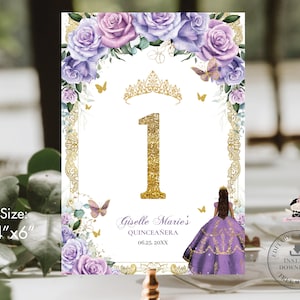 Purple Lilac Lavender Floral Gold Princess Quinceañera Table Number Printable EDITABLE TEMPLATE Quince 15 Sweet 16 Birthday Download QC37