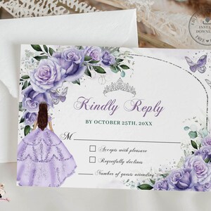 Purple Lavender Floral Silver Butterflies Quinceañera RSVP Reply Printable EDITABLE Template Quince Sweet 16 Birthday INSTANT Download QC5