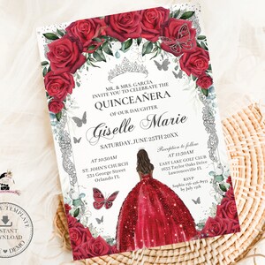 Red Floral Silver Butterflies Tan Princess Quinceañera Invitation EDITABLE TEMPLATE Quince 15 XV Sweet 16 Birthday Download Digital QC13
