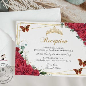 Red Roses Floral Gold Butterflies Quinceañera Reception Info Details Printable EDITABLE Template Quince 15 Sweet 16 Birthday Download QC13