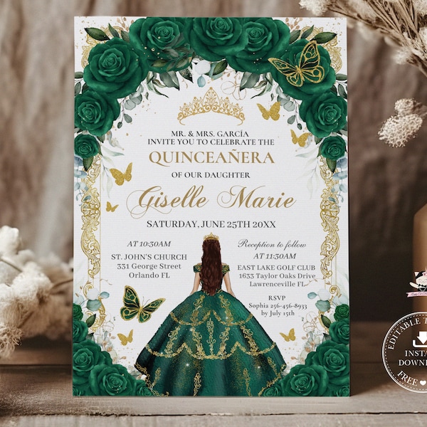 Emerald Green Floral Gold Brunette Princess Quinceañera Invitation Printable EDITABLE TEMPLATE Mis Quince 15 Sweet 16 Birthday Download QC9