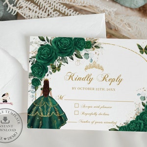 Emerald Green Floral Rose Butterfly Quinceañera RSVP Reply Printable EDITABLE Template Mis Quince 15 Sweet 16 Birthday INSTANT Download QC9