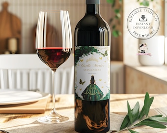 EDITABLE Template Emerald Green Floral Gold Princess Dress Quinceañera Wine Bottle Label Printable Quince 15 Sweet 16 Birthday Printable QC9