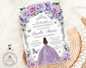 EDITABLE Purple Lavender Lilac Floral Silver Butterflies Princess Quinceañera Invitation Quince 15 XV Sweet 16th Birthday Download QC14