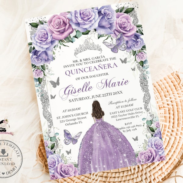 EDITABLE Purple Lavender Lilac Floral Silver Butterflies Princess Quinceañera Invitation Quince 15 XV Sweet 16th Birthday Download QC14