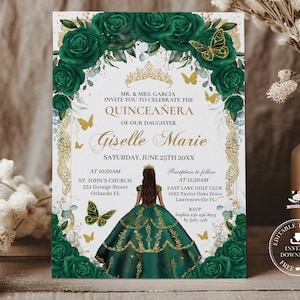 Emerald Green Floral Vintage Gold Princess Quinceañera Invitation Printable EDITABLE TEMPLATE Mis Quince 15 Sweet 16 Birthday Download QC9