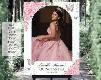 EDITABLE TEMPLATE Pink Floral Roses Butterflies Silver Quinceañera Photo Welcome Sign Princess Dress Mis Quince XV 15 Sweet 16 Birthday QC24