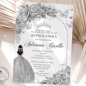 Puede incluir: Una invitación a una Quinceañera con un diseño floral plateado y blanco. La invitación presenta una corona plateada, mariposas y una silueta de una joven en un vestido blanco. El texto de la invitación dice "Mr. & Mrs. Garcia Invite You To Celebrate The Quinceañera Of Our Daughter Adriana Giselle".