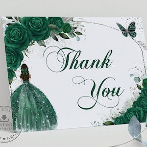 Smaragd Grün Blumen Silber Schmetterlinge Quinceaño Gefaltetes Zelt Danke Karte Druckbar Quitte 15 Sweet 16 Geburtstag INSTANT Download QC8