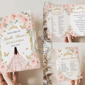 May include: Quinceañera invitation set with a pink and gold floral design. The invitation features the text "Welcome to Giselle Marie's Quinceañera" and includes a drawing of a girl in a pink dress. The set includes a program and a court of honor card.