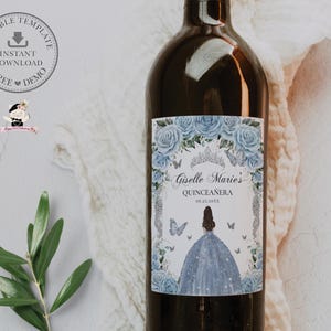 EDITABLE Template Baby Blue Floral Silver Princess Dress Quinceañera Wine Bottle Label Printable Quince 15 Sweet 16 Birthday Printable QC18