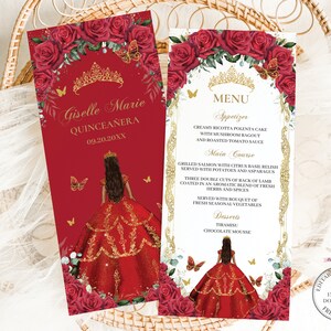 Rojo Floral Vintage Oro Mariposas Princesa Quinceañera Menú PLANTILLA EDITABLE Quince 15 XV Dulce 16 Cumpleaños Descargar Archivo Digital QC13