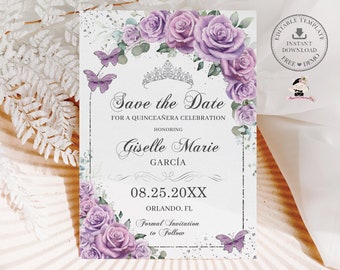 May include: Purple and white save the date card with a floral design and butterflies. The text reads "Save the Date for a Quinceañera Celebration Honoring Giselle Marie García 08.25.20XX Orlando, FL Formal Invitation to Follow".