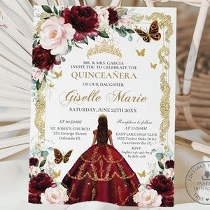 EDITABLE Burgundy Blush Floral Princess Dress Vintage Gold Quinceañera Invitation Mis Quince 15 XV Sweet 16 Birthday Download Digital QC29