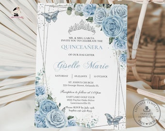 Baby Blue Floral Rose Silver Quinceañera Invitation EDITABLE TEMPLATE Mis Quince 15 Anos Sweet 16th Birthday Instant Download Printable QC18
