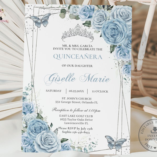 Baby Blue Floral Rose Silver Quinceañera Invitation EDITABLE TEMPLATE Mis Quince 15 Anos Sweet 16th Birthday Instant Download Printable QC18