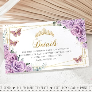 EDITABLE Lilac Purple Floral Gold Butterflies Quinceañera Details Registry Reception Card Printable Quince Sweet 16 Birthday Printable QC3