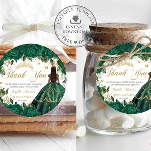 EDITABLE Round Circle Tags Stickers Labels Emerald Green Floral Princess Dress Gold Quinceañera Quince 15 XV Sweet 16 Birthday Download QC9