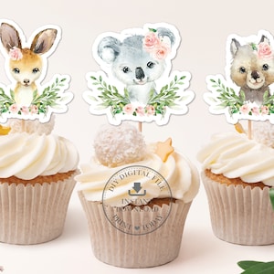 Australian Animals Pink Floral Cupcake Toppers INSTANT DOWNLOAD Koala Kangaroo Platypus Wombat PRINTABLE File Baby Shower Birthday Party AU1