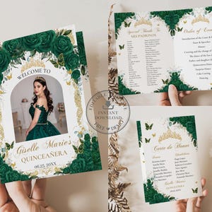 May include: A Quinceañera invitation suite featuring a photo of a young woman in a green gown. The invitation has a green and gold floral design with butterflies and the text "Welcome to Giselle Marie's Quinceañera".