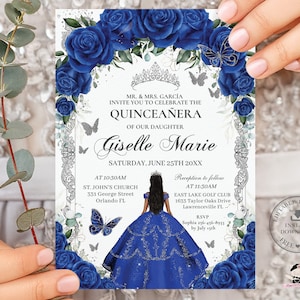Royal Blue Floral Silver Black Hair Princess Dress Gown Quinceañera Invitation EDITABLE TEMPLATE Quince 15 16 Birthday Download Digital QC16