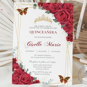 Red Floral Rose Gold Butterflies Quinceañera Invitation Printable EDITABLE TEMPLATE Mis Quince 15 Sweet 16 Birthday INSTANT Download QC13