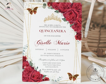 Red Floral Rose Gold Butterflies Quinceañera Invitation Printable EDITABLE TEMPLATE Mis Quince 15 Sweet 16 Birthday INSTANT Download QC13