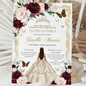 EDITABLE Burgundy Blush Floral Princess Champagne Dress Gold Quinceañera Invitation Quince 15 XV Sweet 16 Birthday Download Digital QC29